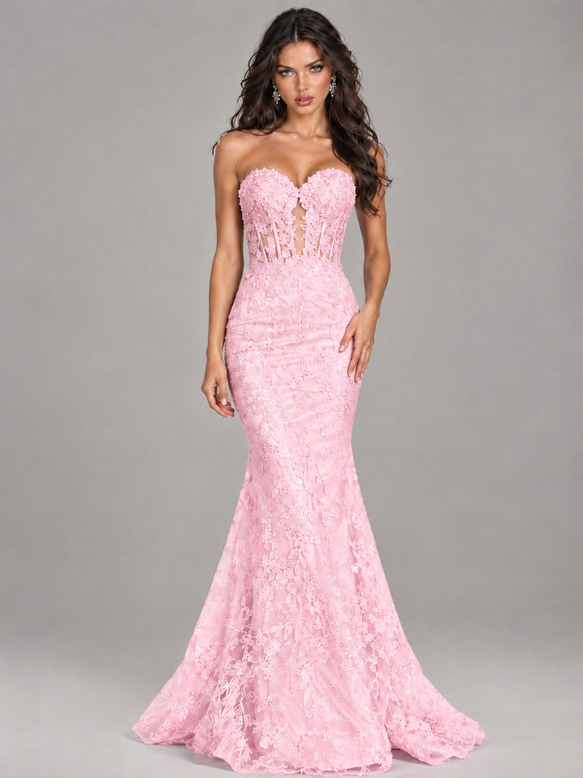 Strapless Corset Mermaid Prom Dress Lace Appliqué Formal Gown