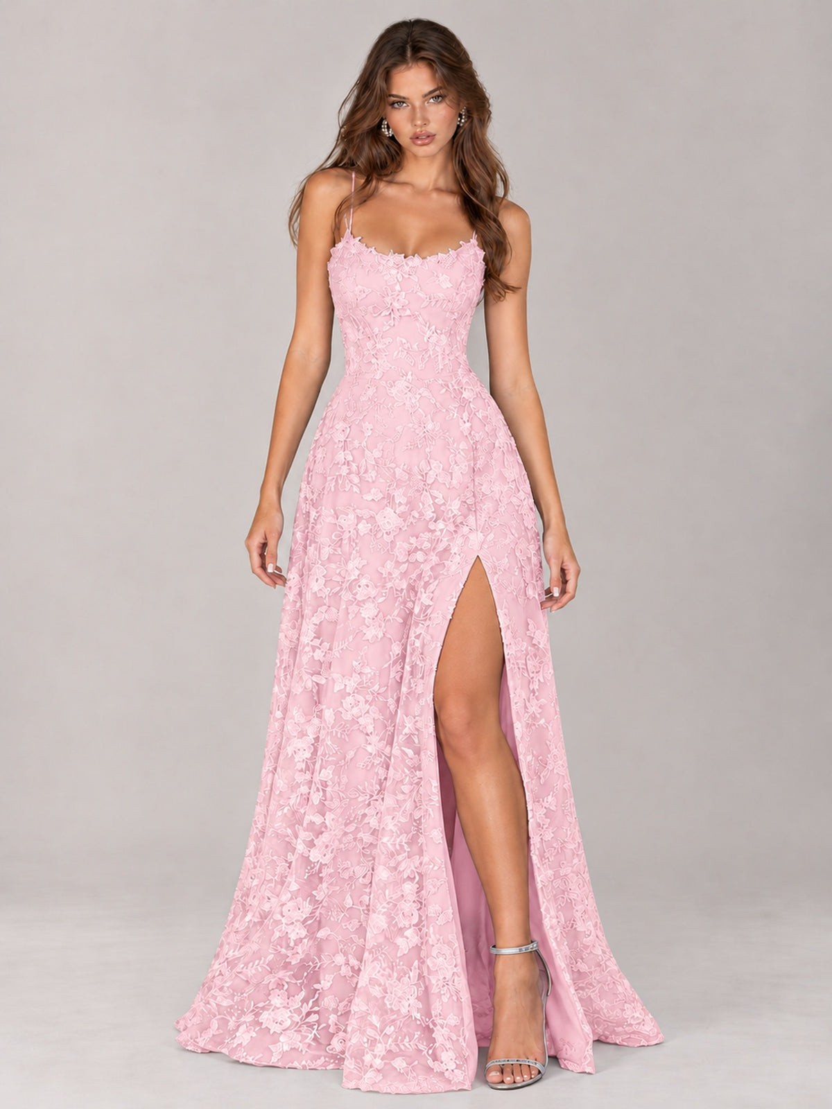 Floral Lace A-Line Prom Dress with Spaghetti Straps & High Slit