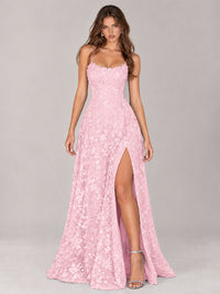 Floral Lace A-Line Prom Dress with Spaghetti Straps & High Slit