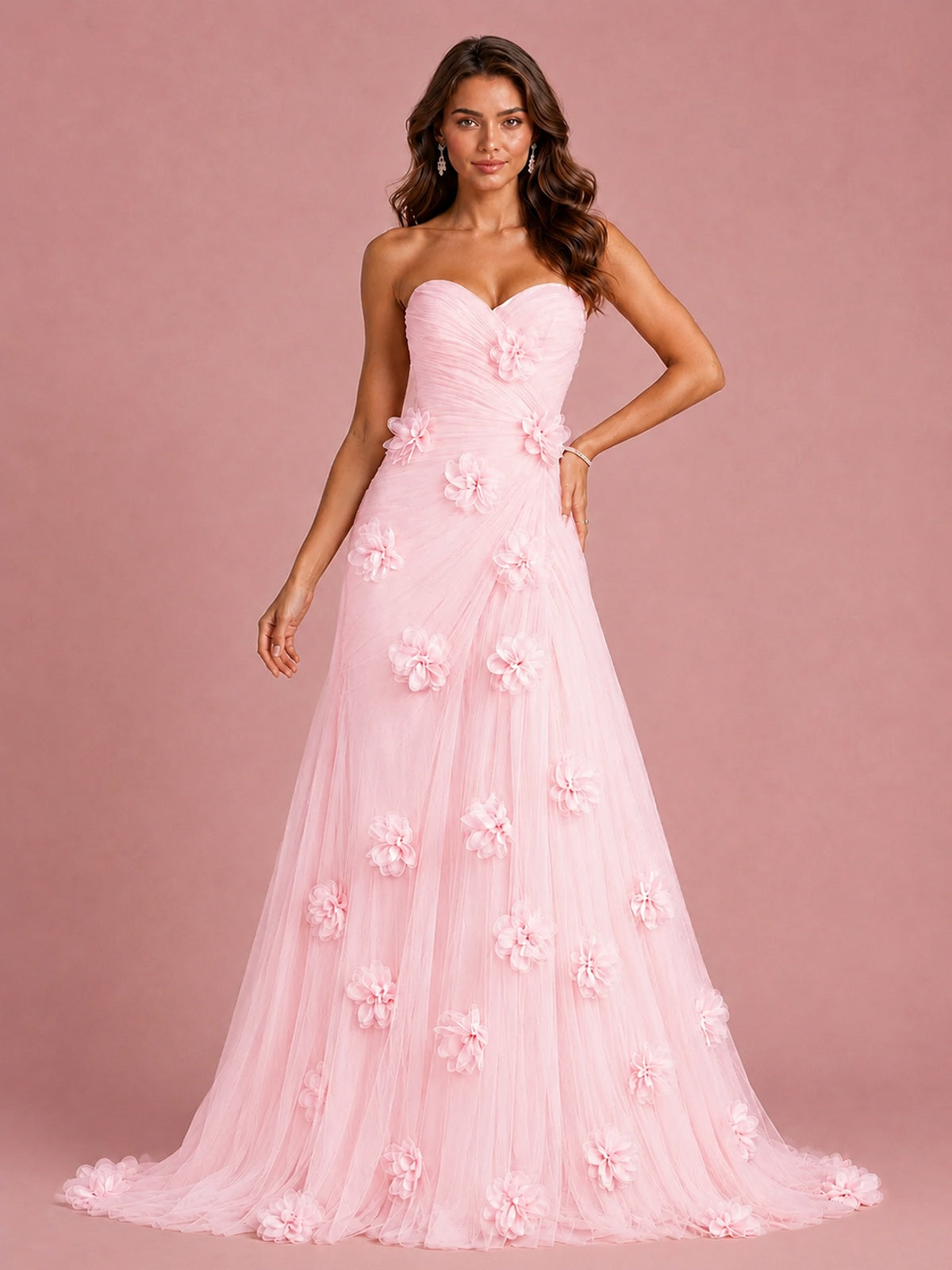 3D Floral Applique Strapless Tulle Prom Dress with High Slit