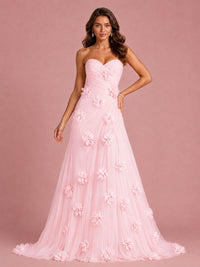 3D Floral Applique Strapless Tulle Prom Dress with High Slit