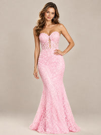 Strapless Corset Mermaid Prom Dress with Floral Lace Appliqué