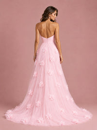 3D Floral Applique Strapless Tulle Prom Dress with High Slit