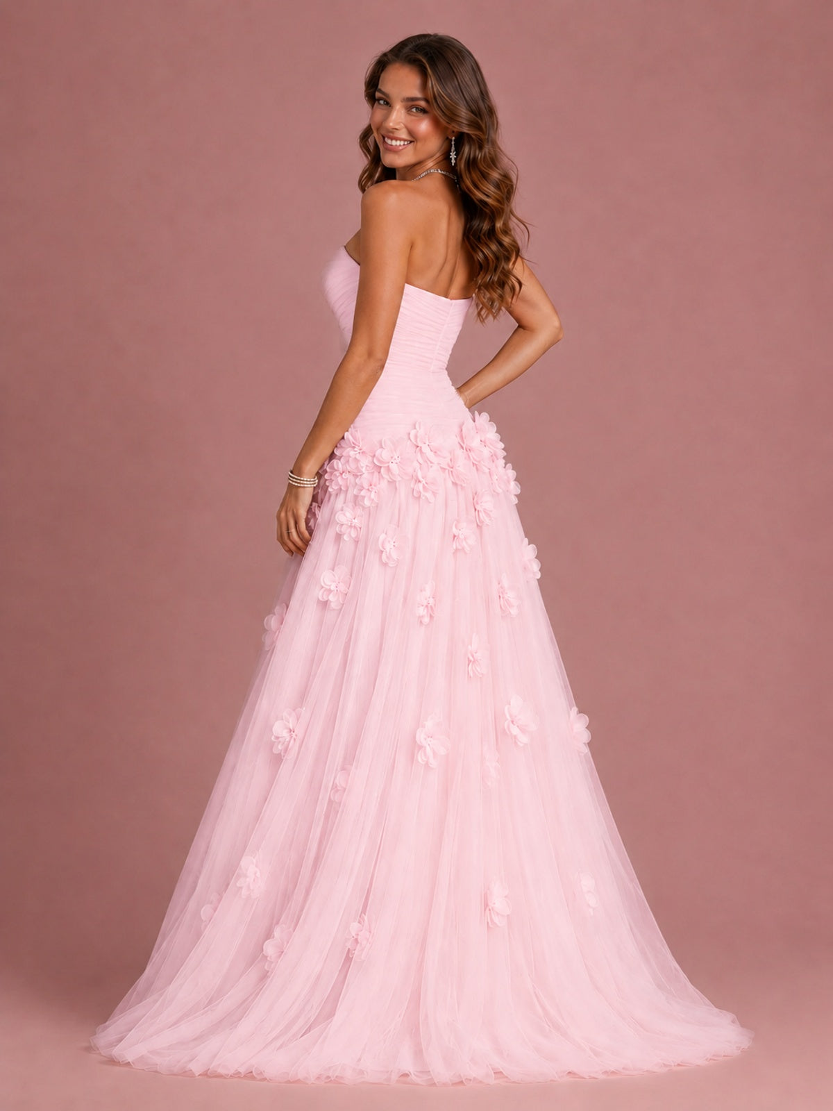 Blush Pink Strapless Sweetheart 3D Floral Tulle Ball Gown Prom Dres
