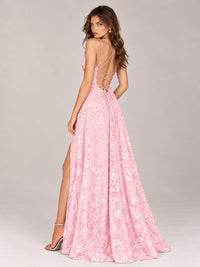 Floral Lace A-Line Prom Dress with Spaghetti Straps & High Slit