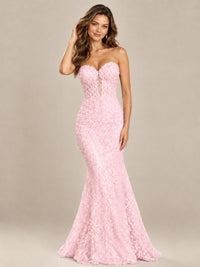 Strapless Corset Mermaid Prom Dress with Floral Lace Appliqué