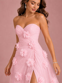 3D Floral Applique Strapless Tulle Prom Dress with High Slit