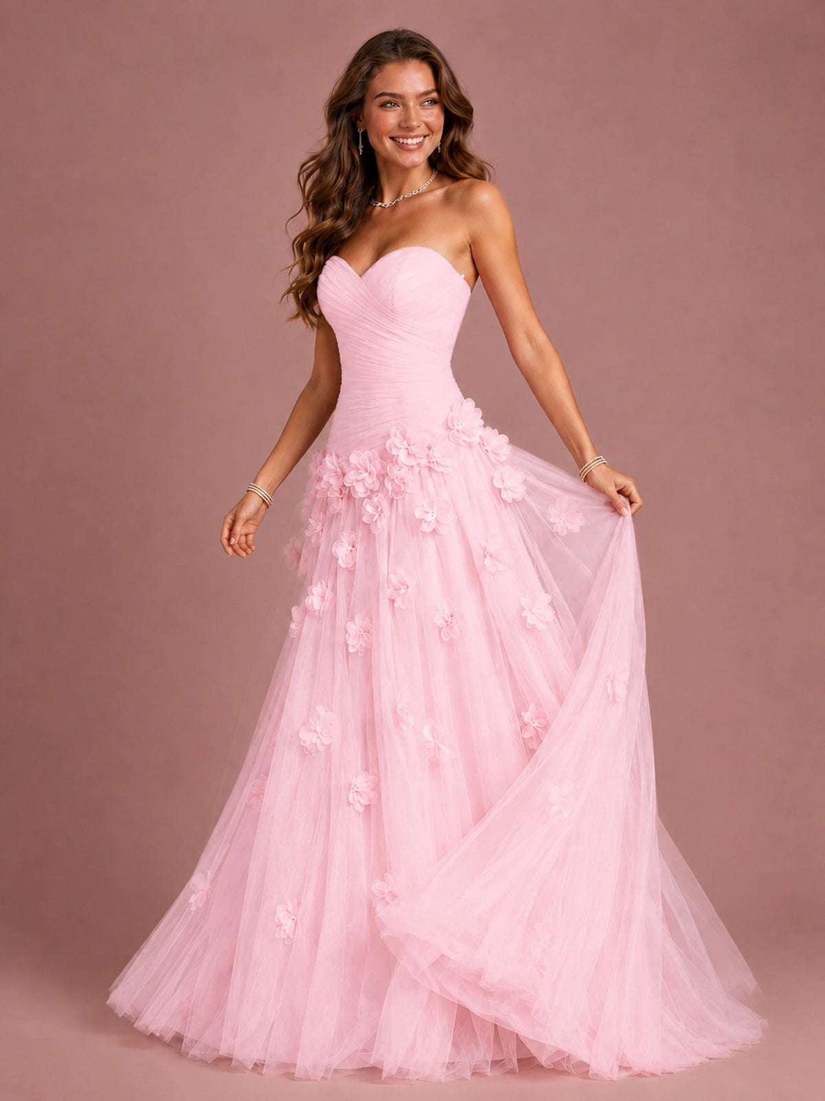 Blush Pink Strapless Sweetheart 3D Floral Tulle Ball Gown Prom Dres