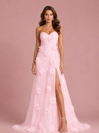 3D Floral Applique Strapless Tulle Prom Dress with High Slit