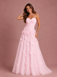Blush Pink Strapless Sweetheart 3D Floral Tulle Ball Gown Prom Dres