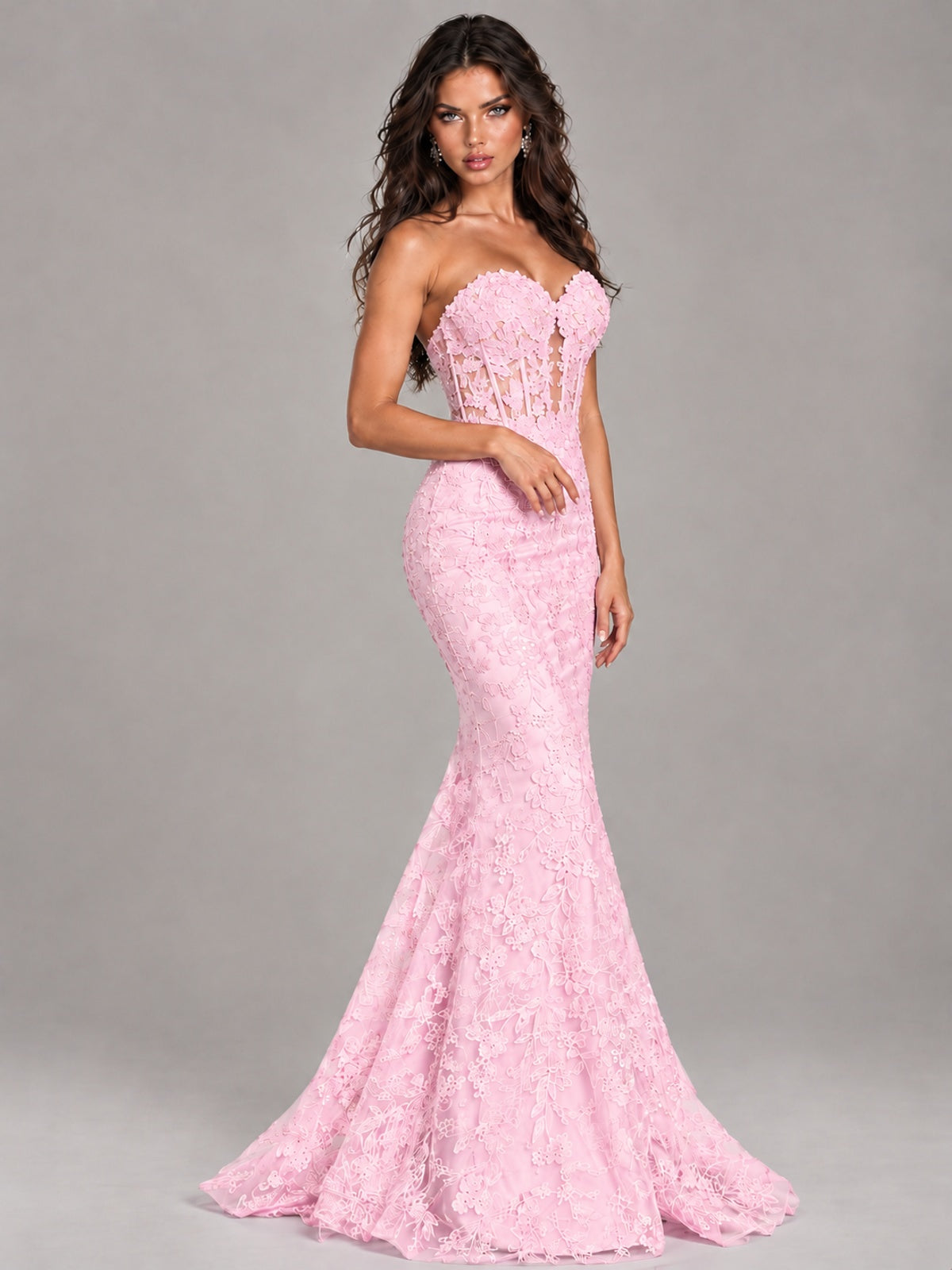 Strapless Corset Mermaid Prom Dress Lace Appliqué Formal Gown