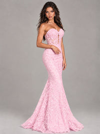 Strapless Corset Mermaid Prom Dress Lace Appliqué Formal Gown