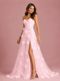 3D Floral Applique Strapless Tulle Prom Dress with High Slit