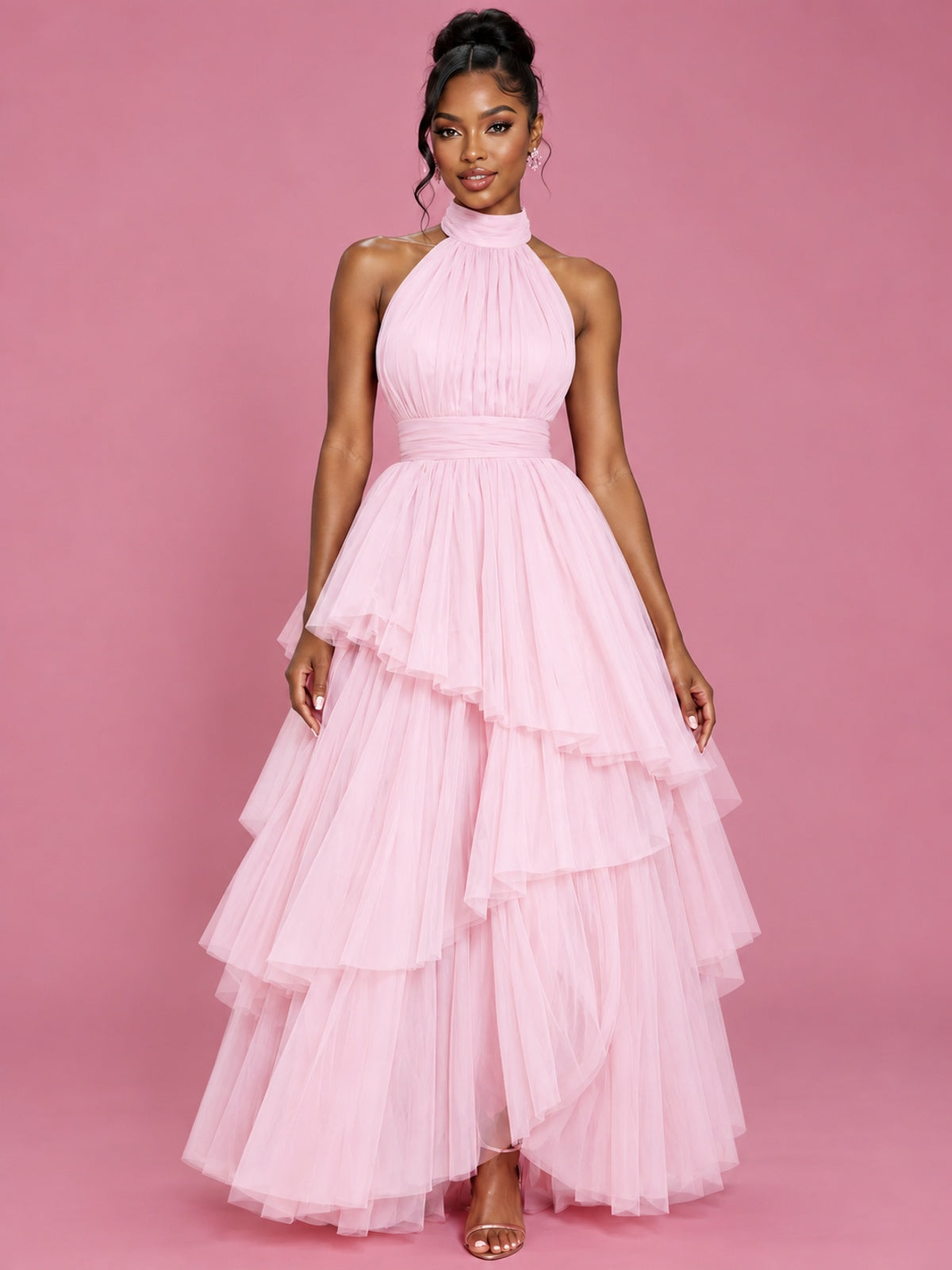Hot Pink Tulle Halter Neck Tiered Ruffle Maxi Dress