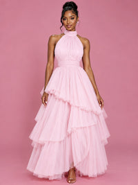 Hot Pink Tulle Halter Neck Tiered Ruffle Maxi Dress