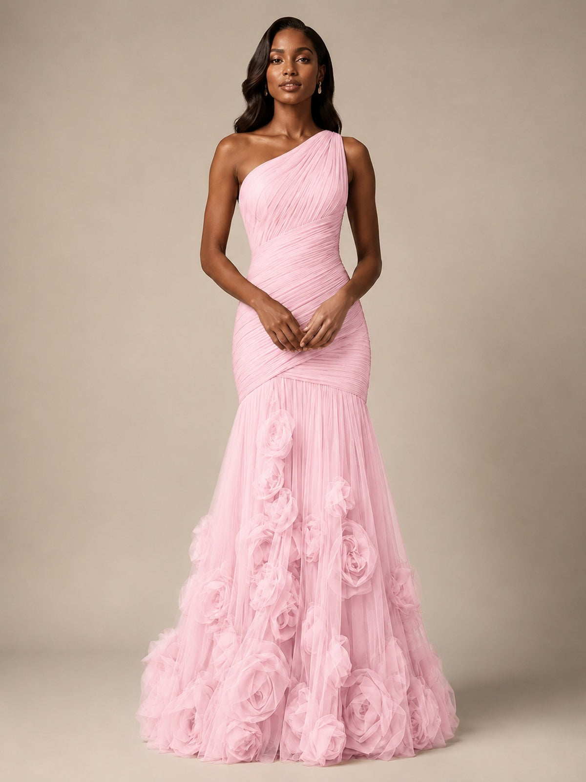 Blush Pink One Shoulder 3D Floral Mermaid Prom Dress