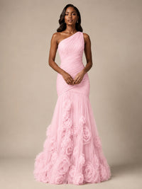 Blush Pink One Shoulder 3D Floral Mermaid Prom Dress