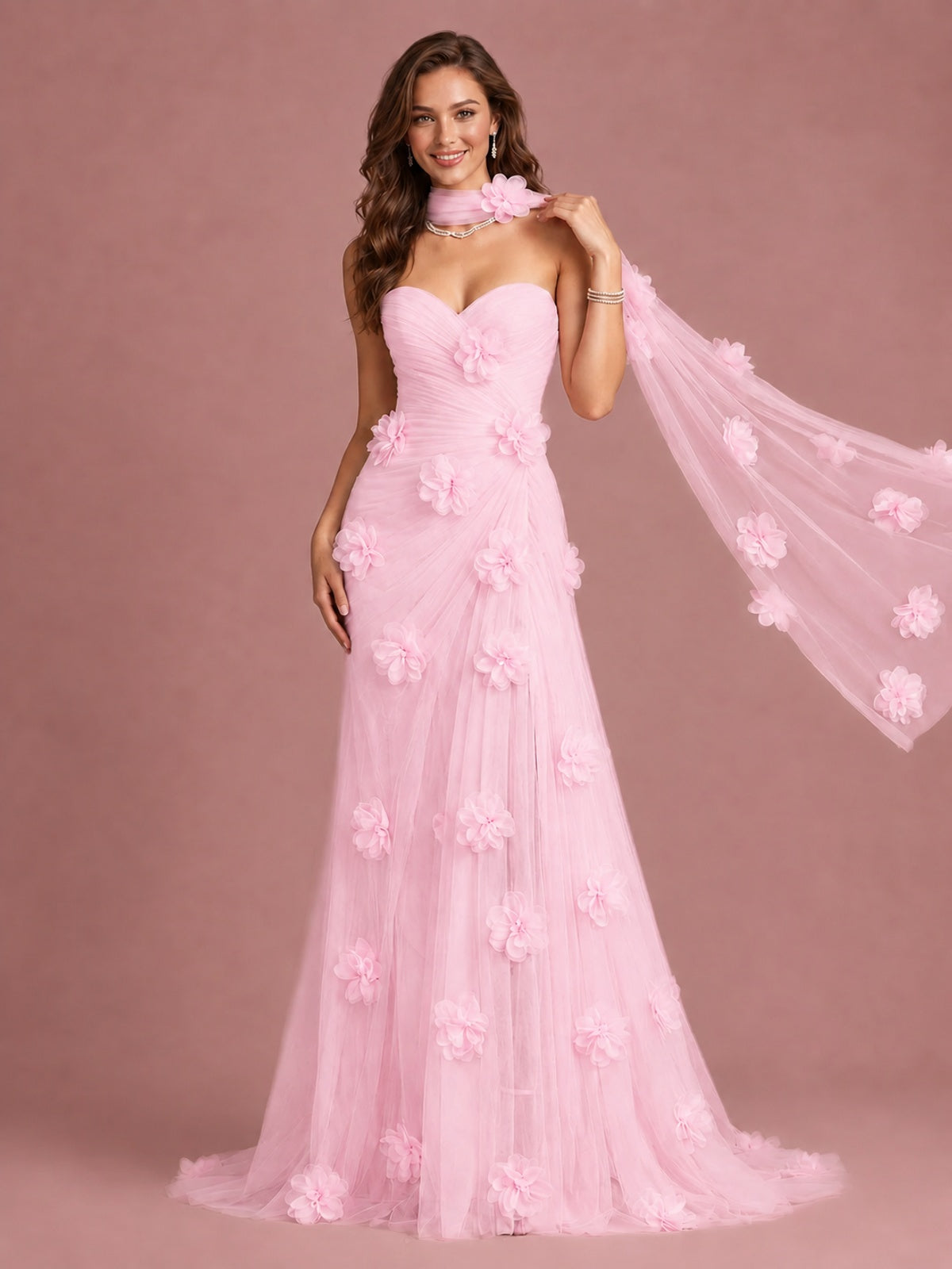 Blush Pink Strapless Sweetheart 3D Floral Tulle Mermaid Prom Dress
