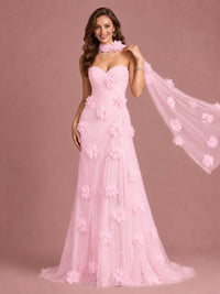 Blush Pink Strapless Sweetheart 3D Floral Tulle Mermaid Prom Dress