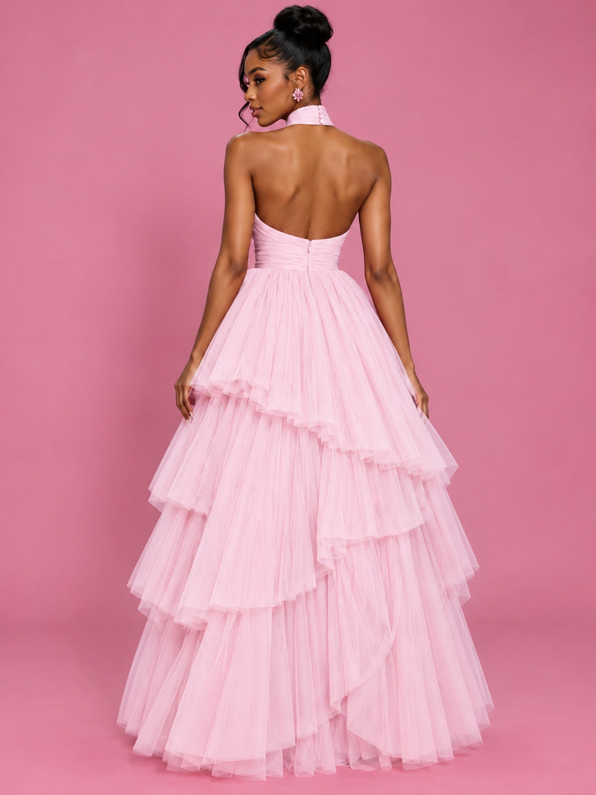 Hot Pink Tulle Halter Neck Tiered Ruffle Maxi Dress