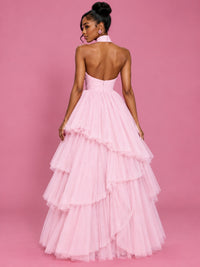 Hot Pink Tulle Halter Neck Tiered Ruffle Maxi Dress