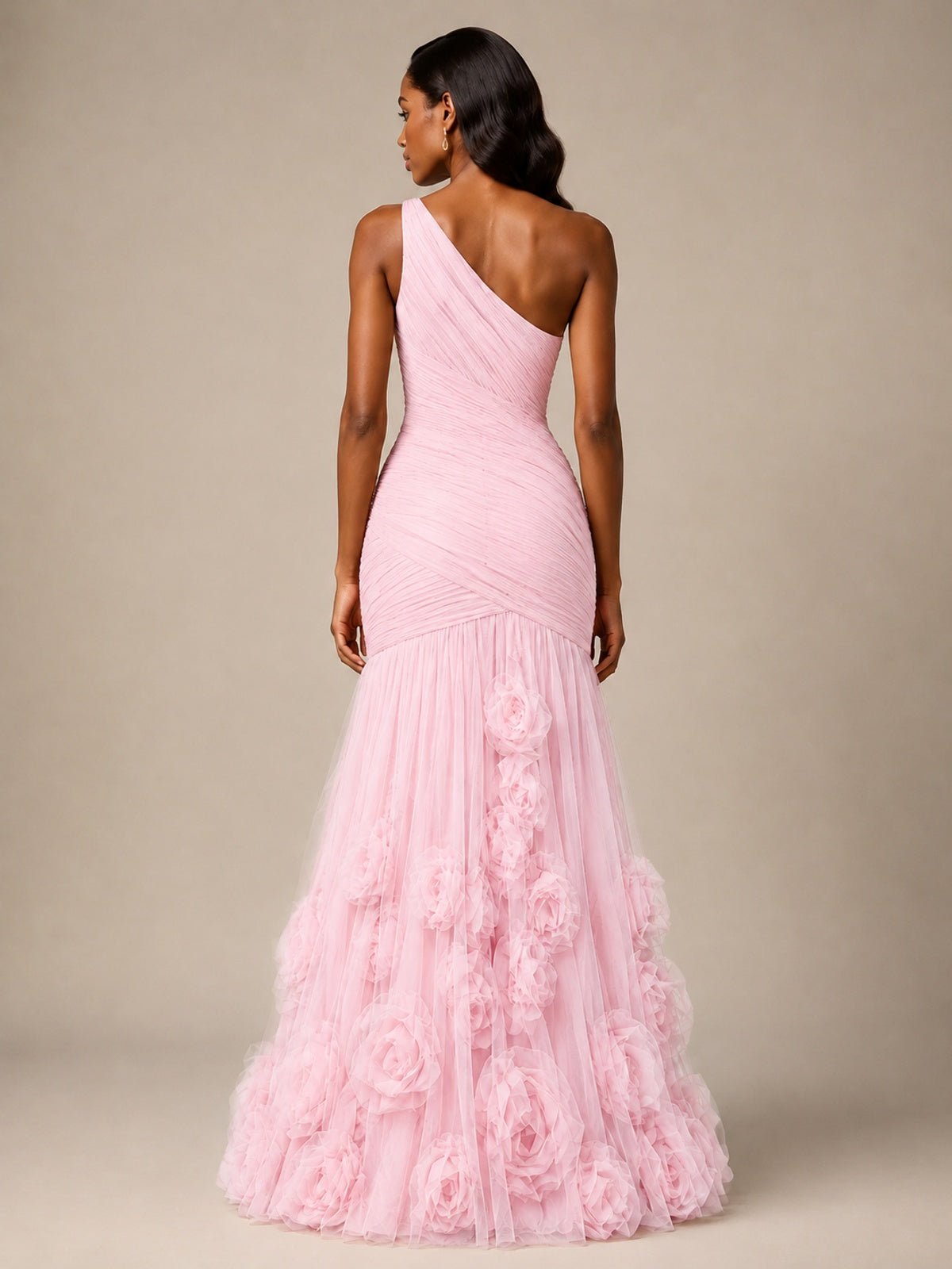 Blush Pink One Shoulder 3D Floral Mermaid Prom Dress