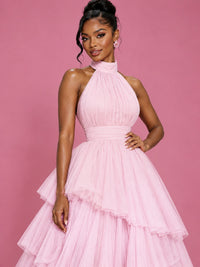 Hot Pink Tulle Halter Neck Tiered Ruffle Maxi Dress