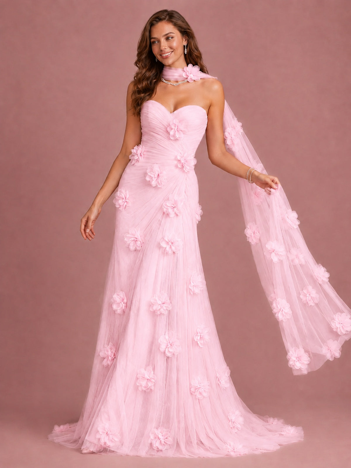 Blush Pink Strapless Sweetheart 3D Floral Tulle Mermaid Prom Dress