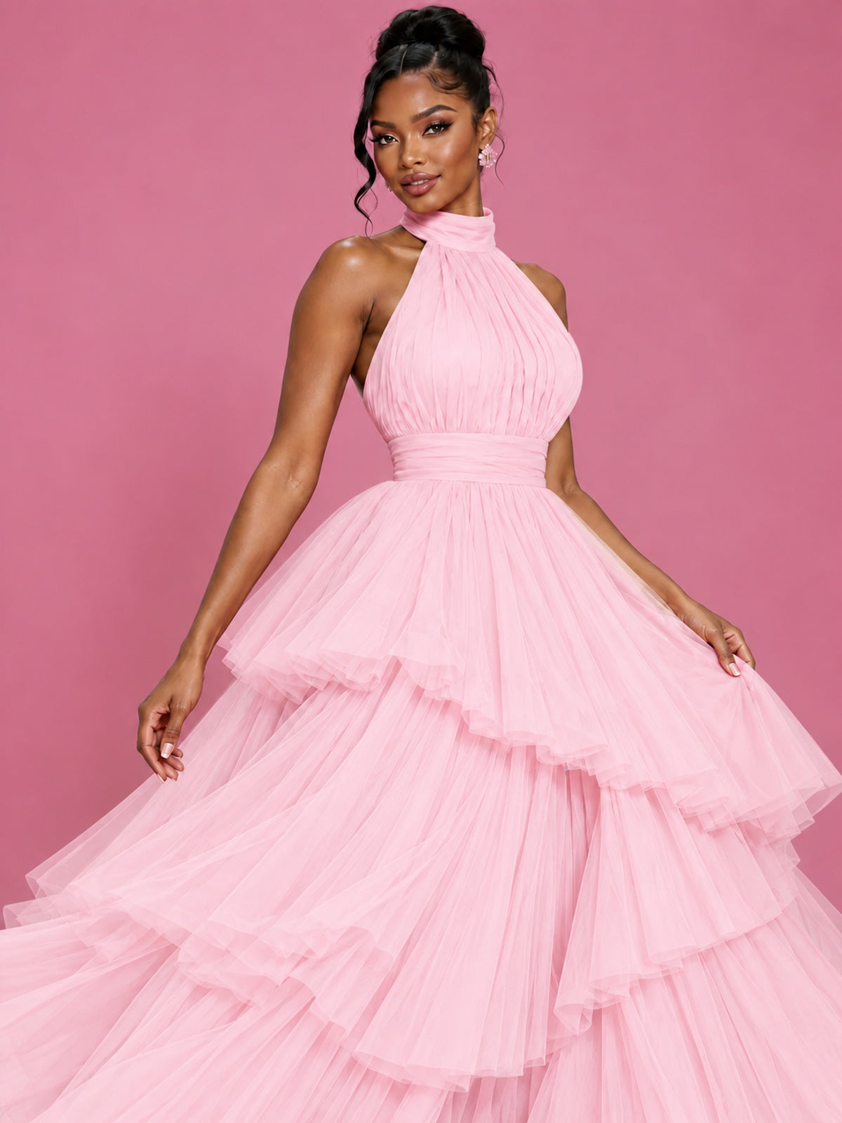 Hot Pink Tulle Halter Neck Tiered Ruffle Maxi Dress