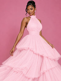 Hot Pink Tulle Halter Neck Tiered Ruffle Maxi Dress