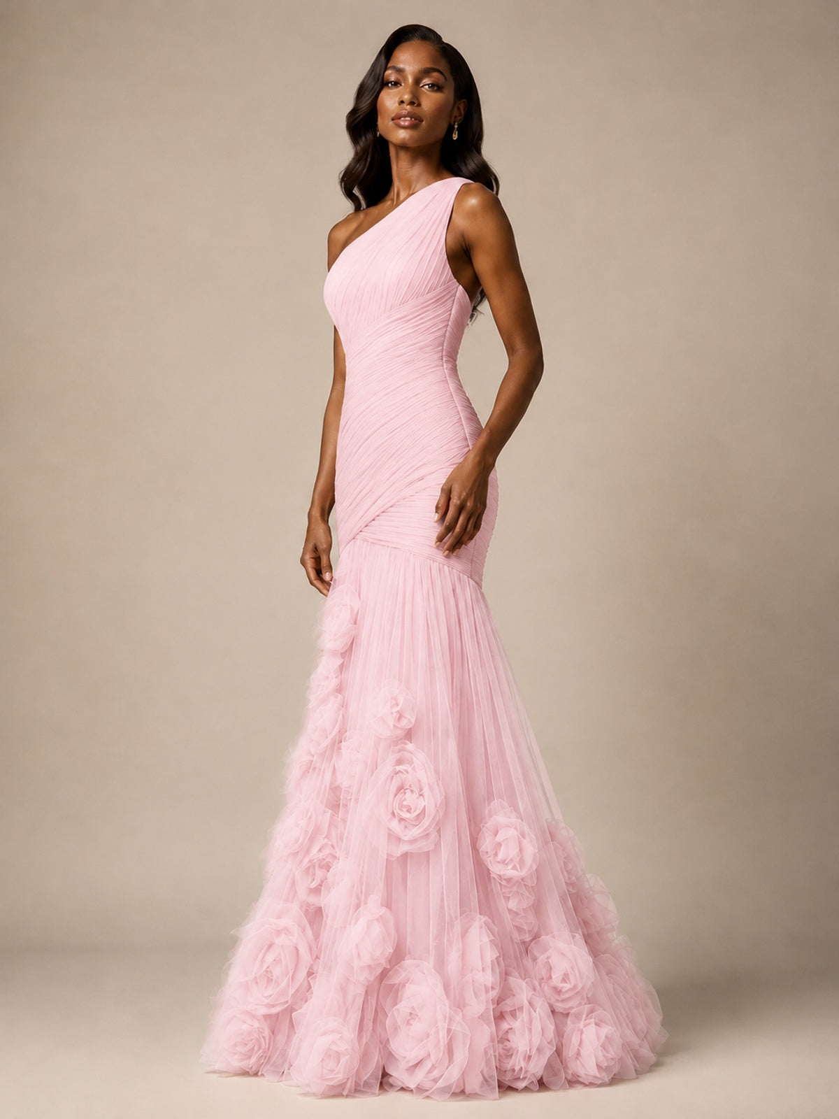 Blush Pink One Shoulder 3D Floral Mermaid Prom Dress