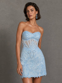 Jovellee Celeste light blue strapless sequin corset mini dress front view with tonal embroidered detailing