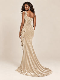Black Velvet One-Shoulder Mermaid Evening Gown with Bow & Ruffles