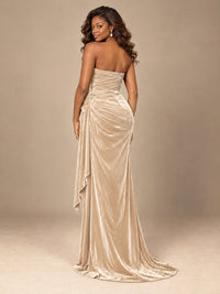 Burgundy Velvet Strapless Ruched Prom Dress with Jeweled Side Drape