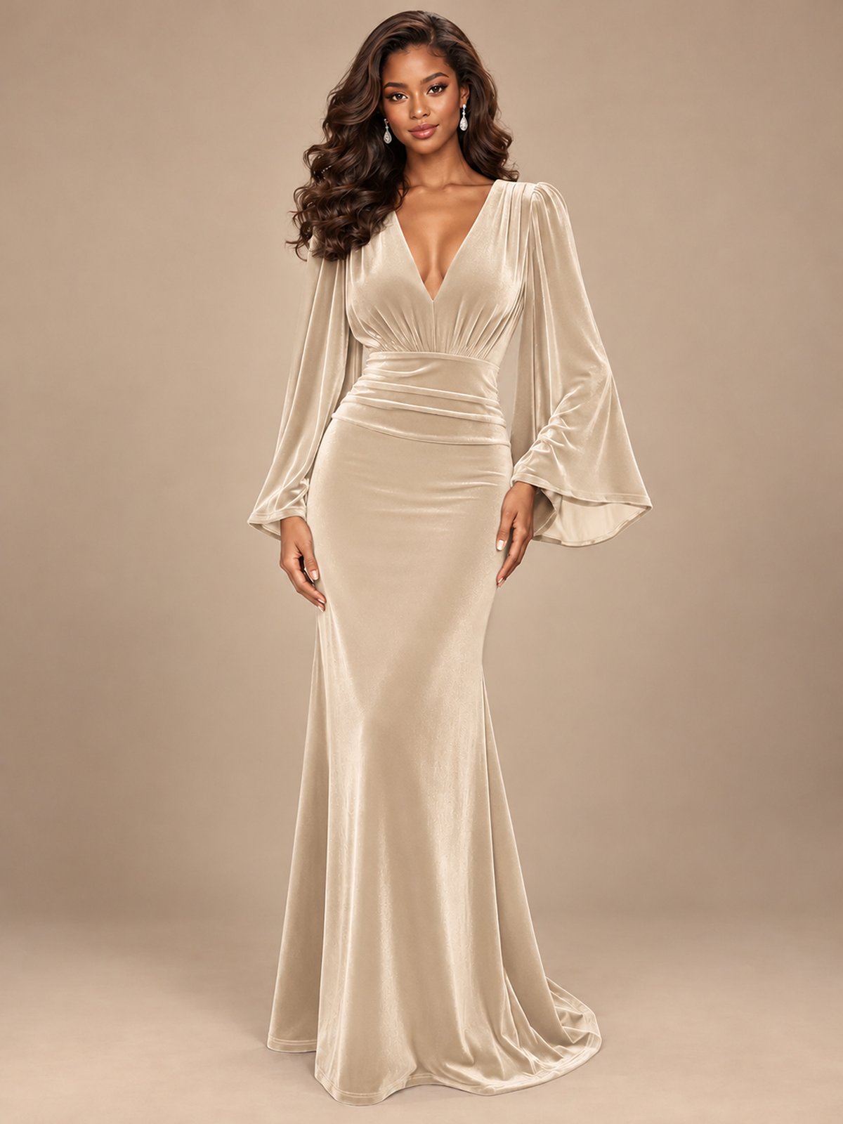 Burgundy Velvet Deep V-Neck Ruched Long Sleeve Maxi Dress