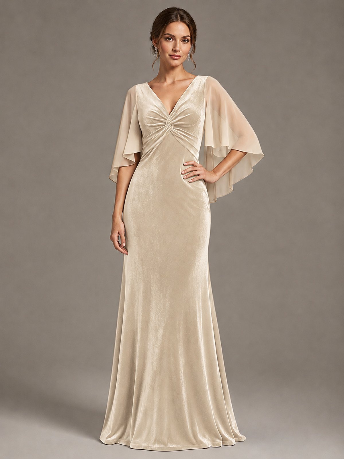 Navy Blue Velvet V Neck Mermaid Formal Dress with Flutter Cape Sleeves