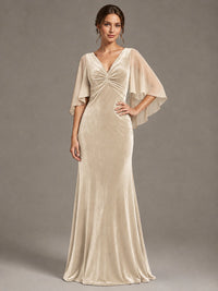Navy Blue Velvet V Neck Mermaid Formal Dress with Flutter Cape Sleeves