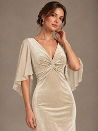 Navy Blue Velvet V Neck Mermaid Formal Dress with Flutter Cape Sleeves