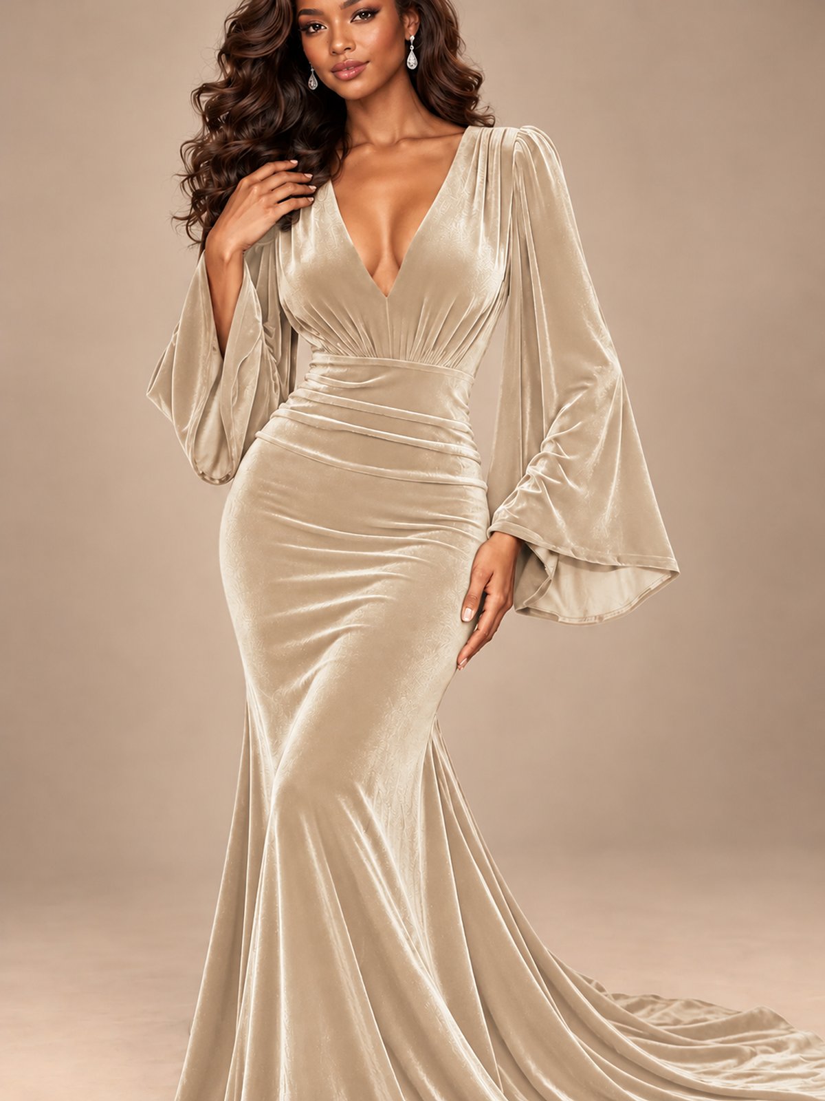 Burgundy Velvet Deep V-Neck Ruched Long Sleeve Maxi Dress