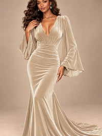 Burgundy Velvet Deep V-Neck Ruched Long Sleeve Maxi Dress