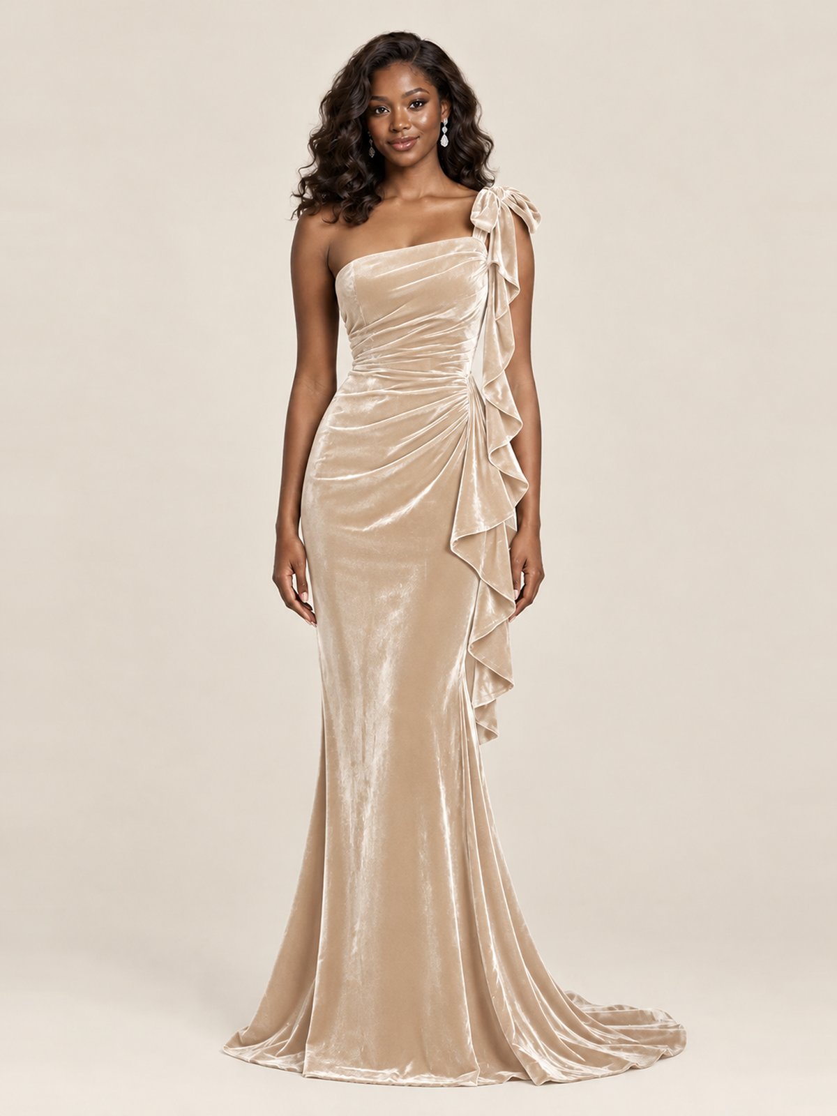 Black Velvet One-Shoulder Mermaid Evening Gown with Bow & Ruffles