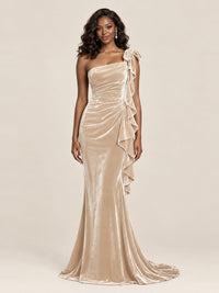 Black Velvet One-Shoulder Mermaid Evening Gown with Bow & Ruffles