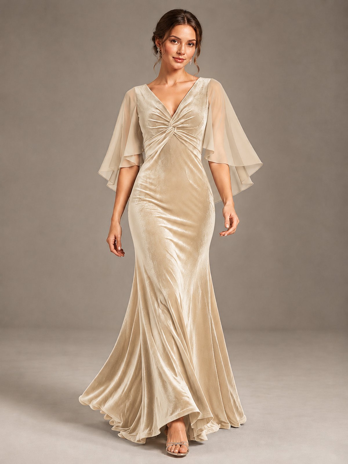 Navy Blue Velvet V Neck Mermaid Formal Dress with Flutter Cape Sleeves