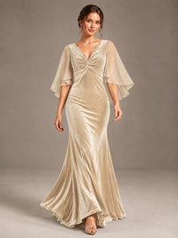 Navy Blue Velvet V Neck Mermaid Formal Dress with Flutter Cape Sleeves
