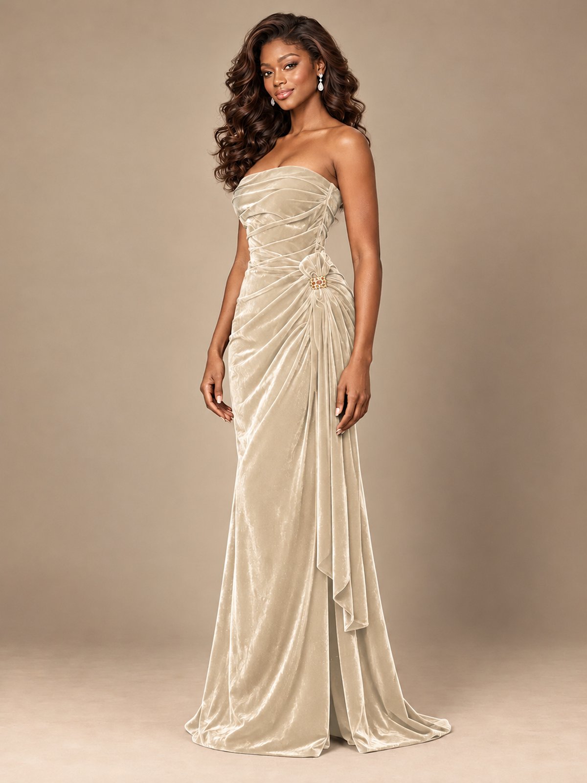 Burgundy Velvet Strapless Ruched Prom Dress with Jeweled Side Drape