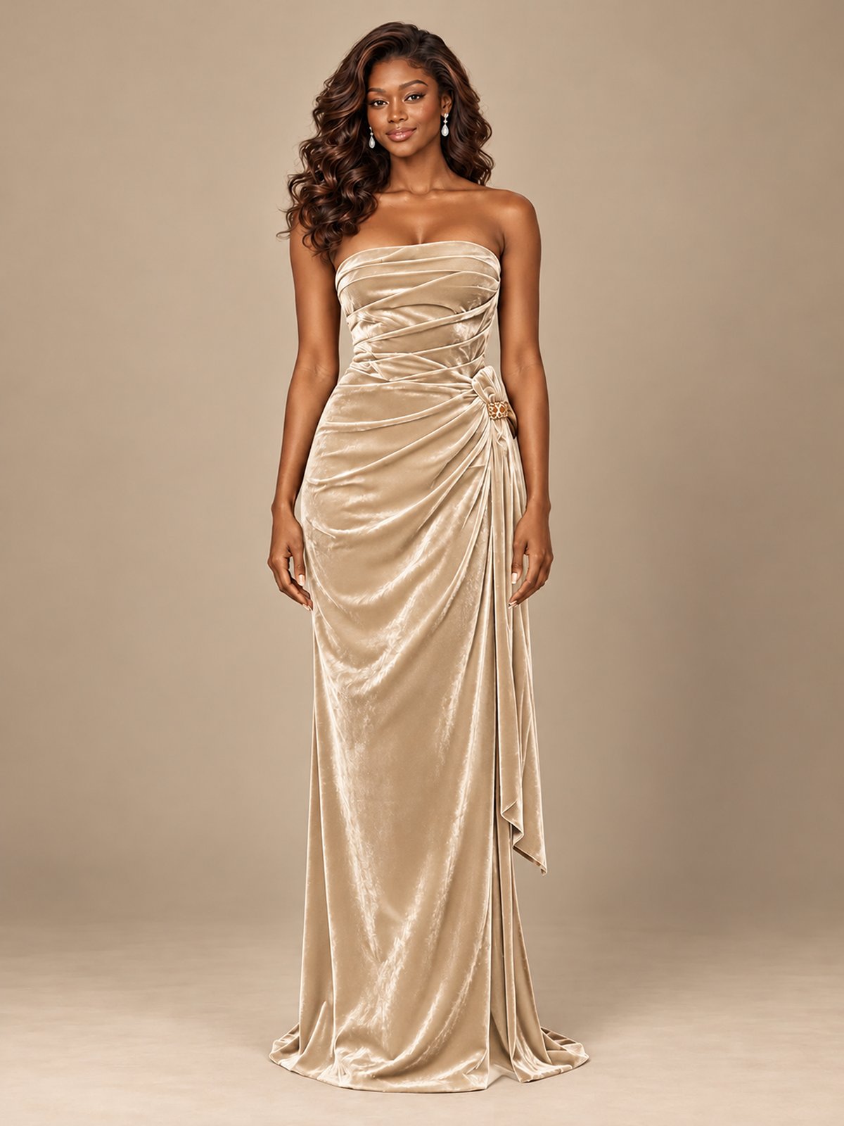Burgundy Velvet Strapless Ruched Prom Dress with Jeweled Side Drape