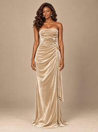 Burgundy Velvet Strapless Ruched Prom Dress with Jeweled Side Drape