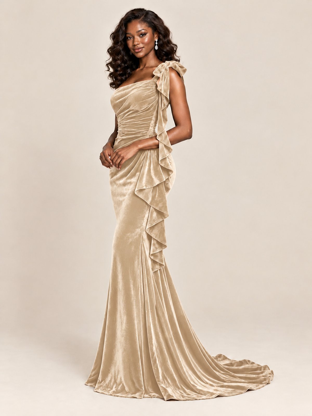 Black Velvet One-Shoulder Mermaid Evening Gown with Bow & Ruffles