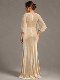 Navy Blue Velvet V Neck Mermaid Formal Dress with Flutter Cape Sleeves