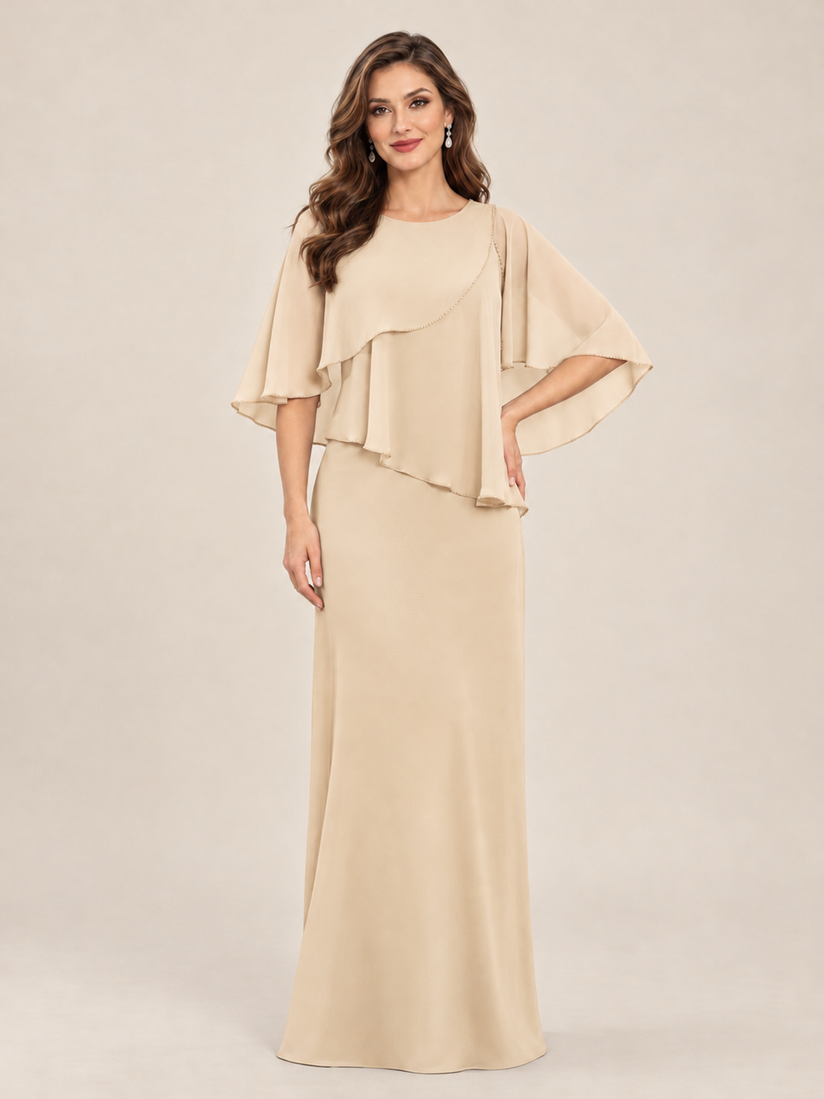 Dusty Blue Cape Sleeve Mother of the Bride Dress with Asymmetrical Overlay